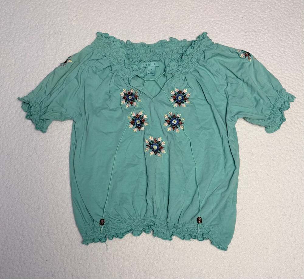 Roxie Teal Embroidered Smocked Cotton Blouse Size S